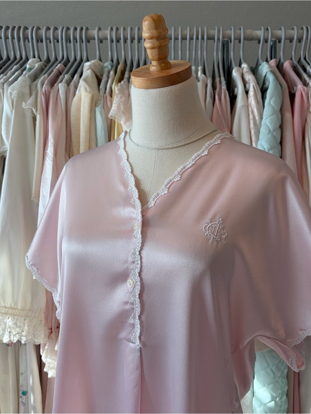 vintage Christian Dior blush pink satin sleep dress nightgown monogram lace trim